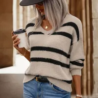 Striped sweater with loose shoulders, casual long sleeve in autumn and winter, women's clothes.