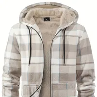 Male plaid fleece sweatshirt with hood, warm, strong, zipper - for leisure, long sleeve and lining Sherpa