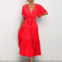 Robe longue à décolleté en V avec nœud pour femme