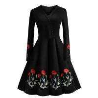 Robe noire élégante style vintage pour femmes avec broderie, coupe ajustée, manches longues, décontractée, automne et hiver