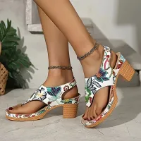 Women's fashion sandals with flower pattern and thick heel