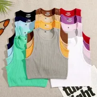 Short tank top for women - single colored base sleeveless top with elastic rib knitwear for leisure wearing