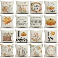 Autumn pillowcase with a motif of pumpkin and maple leaves for thanks and decoration