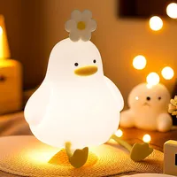 Nightlight duckling with flower - From silicone, 3 brightness levels, timer, USB recharge - Creative gift