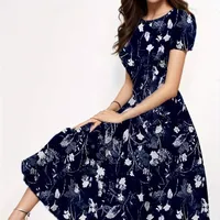 Flower Pattern - Dress with round neckline, Elegant, Short Sleeves (Spring/Summer)