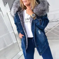 Damska modna kurtka jeansowa casual z kapturem