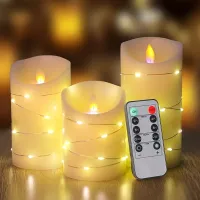 LED candles without flame with star pattern and remote control, 24-hour timer function, flame dance, real wax, battery power