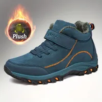 Large men's laceproof trekking shoes with warm teddy lining, comfortable breathable anti-slip shoes