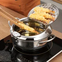 Tigaie de prăjit din oțel inoxidabil cu capac și termometru + scurgător de ulei pentru aripioare de pui, pulpe și cartofi prăjiți