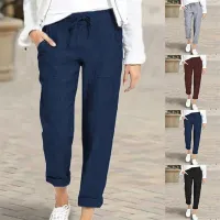 Dámské stahovací kalhoty s vysokým pasem a kapsami - volné a ležérní dlouhé kalhoty pro ženy