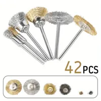 Set of 42 wire brushes with brass coating for drill