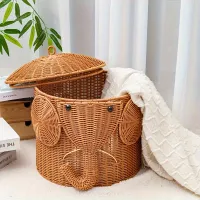 Vintage elephant rattan basket with lid, hand-woven decorative storage basket, universal organizer with window