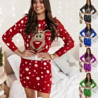 Leisure dresses for women with Christmas printing, long sleeves and round neckline