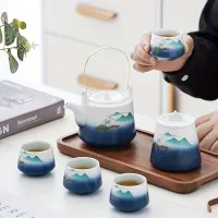Keramický čajový set na cestovanie 5 ks, 1 hrniec a 4 šálky, prenosná kempingová sada, vonkajšie, čajové doplnky, darček pre milovníkov čaju