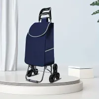 Folding shopping trolley, 3 rubber wheels + folding stand + shopping bag in blue color