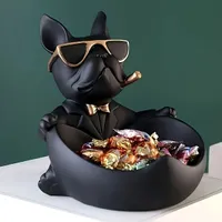 Decorative storage bowl with a statue of a bulldog made of resin, for keys and small things