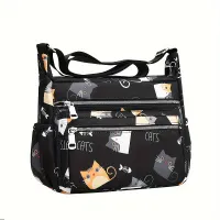 Cute crossbody purse with cat print, fashionable nylon shoulder bag, light messenger bag for women