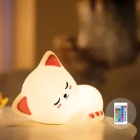 Cat night light with remote control and touch sensor, 16 colours, silicone, 5 brightness levels, charging over USB