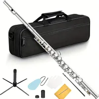 Set instrumente muzicale cu flaut MeloCrest JZFL-EN - 1 set cu gaură închisă C 16 chei pentru începători cu husă, suport, mănuși, unsoare, șurubelniță de reglare și set de curățare, cadou de ziua de naștere