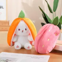 Cute teddy bunny hiding in the packaging of fruit or vegetables