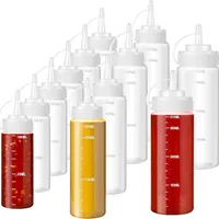 Set of 12 plastic ketchup bottles with measurements