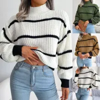 Women's sweater with stripes, lantern sleeves and turtleneck in autumn and winter