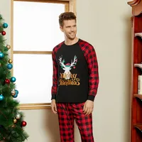 Christmas family matching pajamas with pattern "Merry" and antlers, combined cube with stand/round neckline