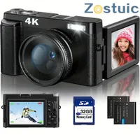 Kompaktná 4K videokamera pre vlogovanie s 180° otočným displejom, 48MP, stabilizáciou obrazu, bleskom a 16x zoomom.