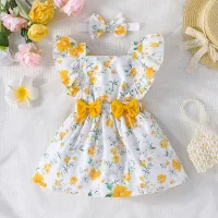 Baby dress for newborns with butterfly sleeves and yellow flower pattern