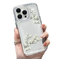 Transparent protective cover for iPhone 15 Pro Max, white blooming branches