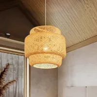 Handmade bamboo hanging chandelier Hinged ceiling chandelier Light bulb E27 Hand-woven lamp with white hanging wire and wooden ceiling plate 30 x 35 cm