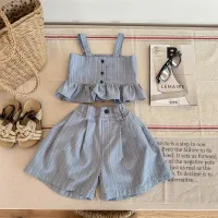 Children's set for girls with free-time strap top, with buttons, striped pattern and shorts