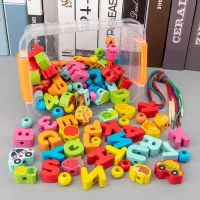 Jucărie educativă pentru preșcolari - asamblarea cuvintelor și a imaginilor - mărgele pe șnur
