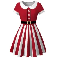 Free time dress in vintage style with printing on Christmas party, with round neckline, short sleeve