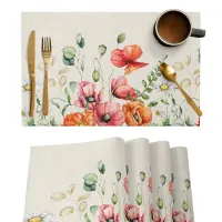 Spring/summer set of cloths on the dining table with a motif of flowers of poppy seed