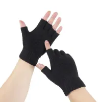 Guantes de lana negros de invierno con dedos cortos para calidez