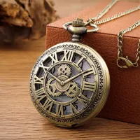 Vintage square pocket watch with bronze case and necklace