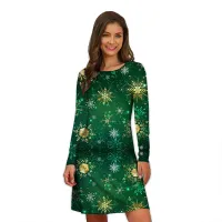 Free dress for women with Christmas motif - with imaginative printing of flakes, long sleeve