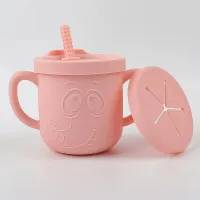 Baby silicone mug for snack and drink with 2 lids and cute elephant design