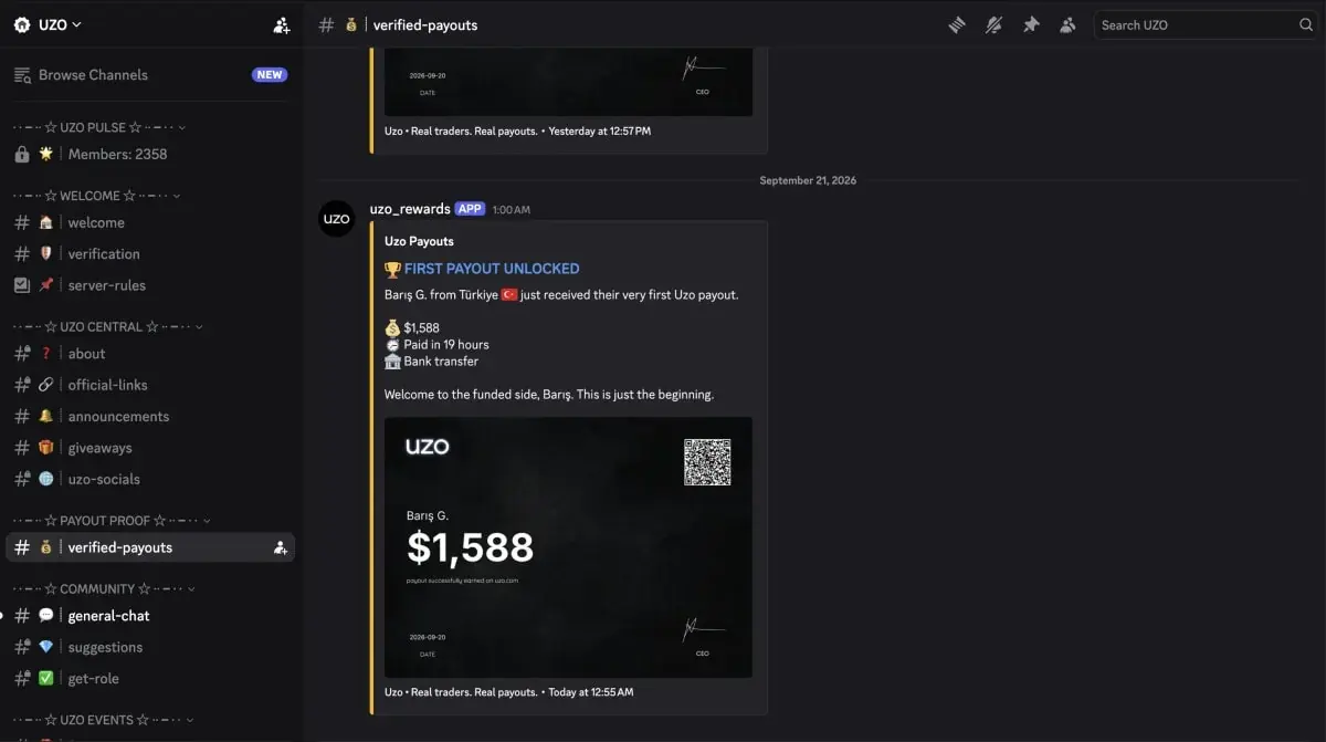 The verified-rewards channel in the UZO Discord, where the bot posts each reward as it clears